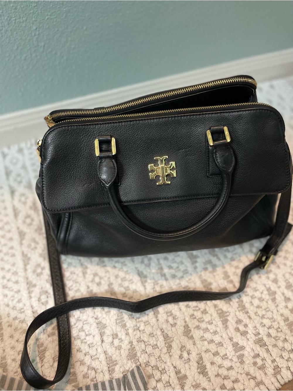 Tory Burch Black Leather Satchel with Gold Logo